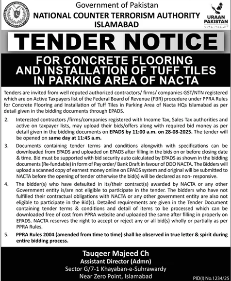 National Counter Terrorism Authority Islamabad Tender Notice